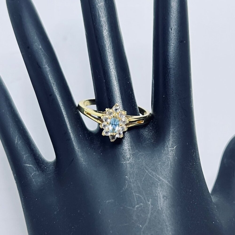 Vintage Gold Tone With Blue And Clear Rhinestones Statement Ring (R390) - Picture 6 of 6